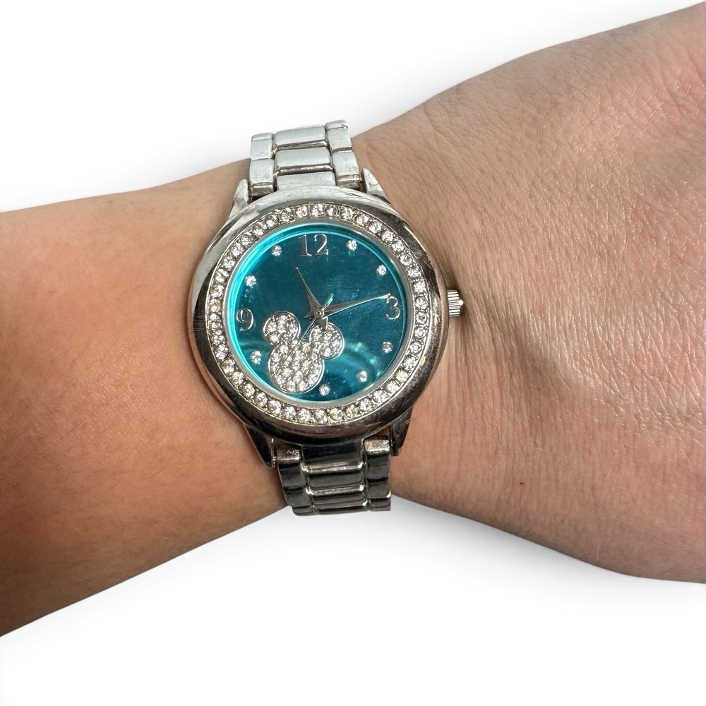 Disney Mickey Mouse Womens Watch Blue Dial Rhinestone Silver Tone Quartz